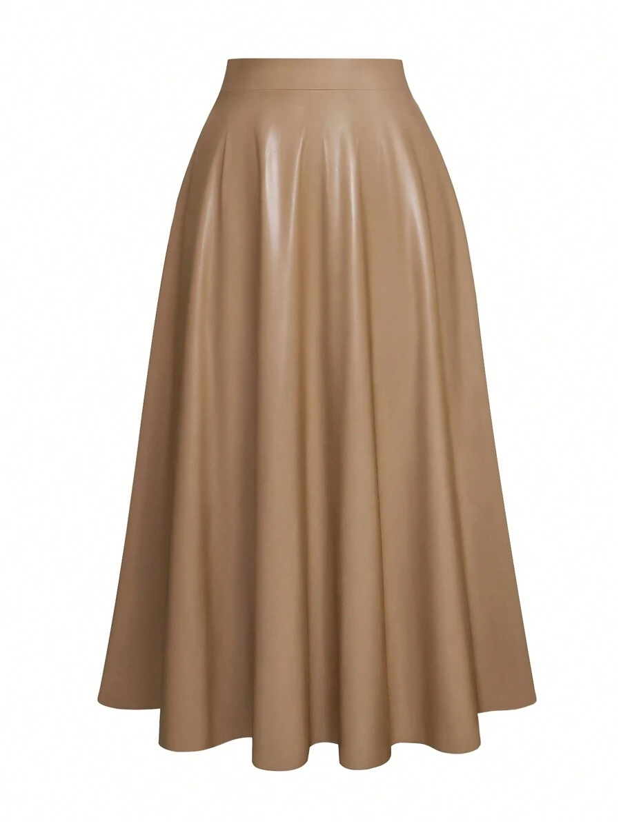 Celure Váy Maxi thời trang thanh lịch bằng da PU màu trơn cỡ lớn cho nữ - Màu Khaki - Xem 1