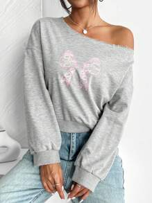 INAWLY Women's Autumn/Winter Casual Loose Sweatshirt With Asymmetric Collar And Embroidered Bow Design
