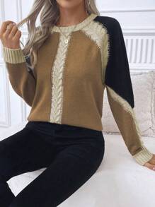SHEIN LUNE Áo len chui đầu dệt kim màu tương phản cổ tròn thường ngày - Lạc đà - Xem 5