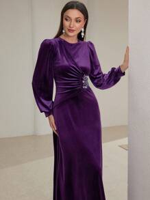 Modelyn Women Round Neck Long Sleeve Rhinestone Decor Casual Long Arabian Modest Dress Long Evening Dresses