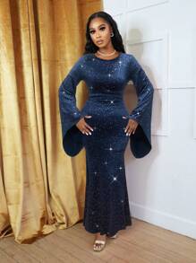 Zolique Women Elegant Solid Color Back Cowl Neck Maxi Trumpet Sleeve Fishtail Hem Fitted Long Dress, Homecoming Dress,Sexy Red Dress,Christmas Party Dress,Christmas Outfits,Christmas Clothes Fall Cloth For Women - Navy Blue - View 3