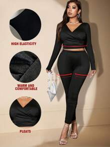 Viva Relle Plus Size Women Cross V-Neck Long Sleeve Solid Color Top And Leggings Casual Suit, Autumn