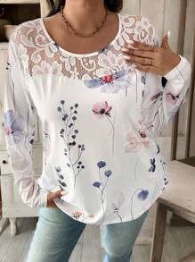 SHEIN LUNE Women Casual Floral Print Contrast Lace Loose Blouse