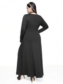 ROMWE Goth Plus Size Women Deep V-Neck High Slit PU Leather Buckle Sexy Dress - Black - View 6
