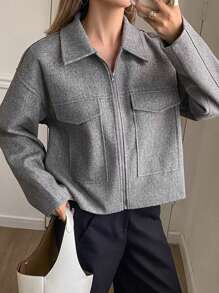 DAZY 1pc Women's Solid Color Loose Long Sleeve Zipper Collar Jacket,Fall Women Clothes Women Coats - Grey - View 7