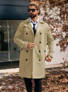 Manfinity Homme 男士纯色双排扣口袋长袖风衣，秋季男装，蓝色风衣，送给男朋友的礼物 - 卡其色 - 查看 3