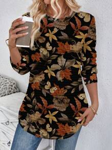 SHEIN LUNE Women's Floral Print Crew Neck Plaid Casual White Comfortable Sweatshirt With Curved Hem, Suitable For Autumn/Winter - Multicolor - View 4
