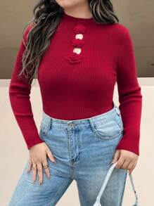 SHEIN Clasi Große Größen Rundhals Langarm Lässig Pullover Sweater mit 3D Blumen Dekor Strickpullover für Herbst und Winter - Rot - Übersicht 1