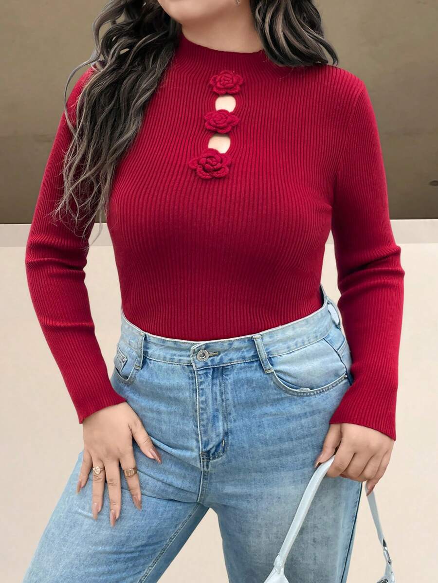 SHEIN Clasi Große Größen Rundhals Langarm Lässig Pullover Sweater mit 3D Blumen Dekor Strickpullover für Herbst und Winter - Rot - Übersicht 1