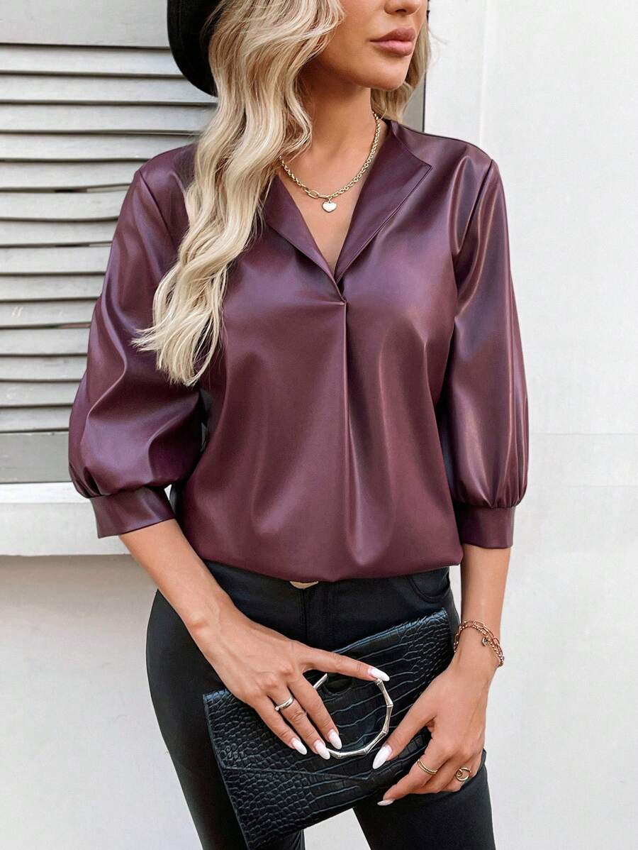 SHEIN LUNE 圣诞节女装女士休闲办公室衬衫、教师工作制服、派对服装、新年 - 酒紅色 - 查看 1