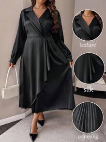 SHEIN Unity Plus Size Solid Color Long Sleeve Lapel Neck Minimalist Casual Long Dress - Black - View 1