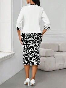 SHEIN Lady Veste blanche associée à une robe slim à imprimé géométrique noir, ensemble élégant deux-pièces de navette pour femmes - Noir et Blanc - Voir 6
