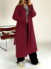 Muchica Áo khoác trench coat hai hàng khuy đơn sắc thường ngày dành cho nữ - Màu Đỏ Sâu - Xem 4