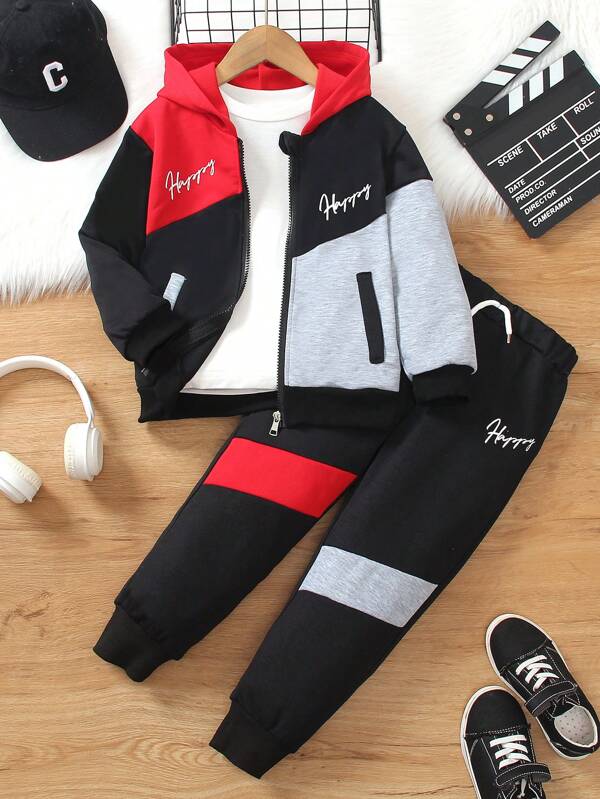 SHEIN Young Boy Casual Fashion Outfit, Black & Red Patchwork Hooded Jacket Paired With White Inner Top And Patchwork Pants, Suitable For 4-7 Years Old Boys To Wear In Spring And Autumn, Suitable For Outdoor, School And Home Wear