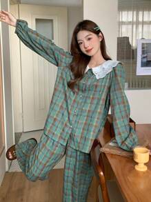 DAZY Cute Plaid Ruffle Collar Lantern Sleeve Loose Pajama Set - Green - View 8
