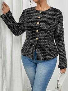 SHEIN Frenchy 大码女式格子印花长袖单排扣优雅粗花呢夹克，秋冬季