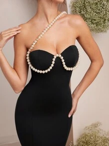 L'Amorae 仿珍珠缀饰紧身美人鱼连衣裙 - 黑色 - 查看 2