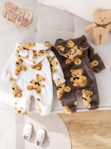 SHEIN Set de 2 piezas de Pelele con capucha estampado de osito de peluche suave y lindo para bebé recién nacido niño/niña, adecuado para uso en interiores y exteriores en otoño e invierno