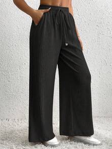 SHEIN PETITE 休闲百搭纯色纹理阔腿裤 - 黑色 - 查看 6