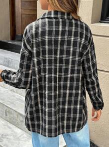 SHEIN Maternity Front Button Long Sleeve Pocket Simple Plaid Casual Jacket - Black - View 2