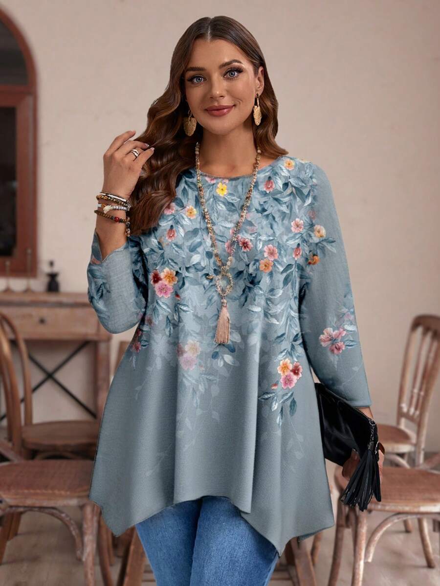 EMERY ROSE Áo thun tay dài cổ tròn in họa tiết hoa liễu xanh dương đơn giản, rộng rãi, thoải mái, phù hợp cho mùa thu/đông - Nhiều màu - Xem 1