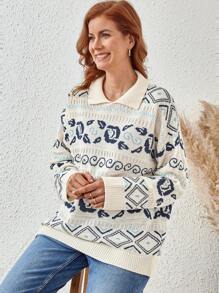 SHEIN Clasi 大码女式休闲拼色几何图案毛衣，秋季/冬季 - 彩色 - 查看 3