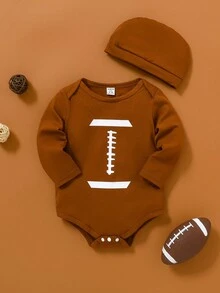 SHEIN Bộ 2 bộ đồ liền thân in họa tiết bóng đá mới lạ cho bé trai kèm mũ, vải dệt kim mềm mại và thoải mái, thích hợp cho Superbowl, tiệc tùng, hoạt động ngoài trời, mùa thu/đông - màu nâu - Xem 3