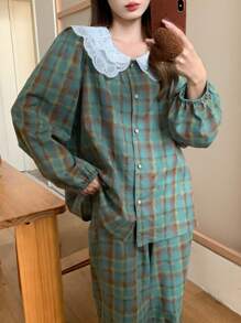 DAZY Cute Plaid Ruffle Collar Lantern Sleeve Loose Pajama Set - Green - View 6