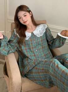 DAZY Cute Plaid Ruffle Collar Lantern Sleeve Loose Pajama Set - Green - View 7