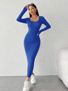 SHEIN PETITE Women's Autumn Solid Color Round Neck Long Sleeve Maxi Fitted Elegant Dress