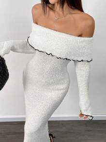 Chiquease Asymmetrical Ruffle Cuff Winter Women Long Off Shoulder Textured Casual Black Trim Knit Dress Fall Cloth For Women