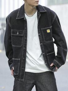 Manfinity Hypemode Men Solid Color Plain Patch Pockets Front Button Closure Long Sleeve Korean Fashion Dark Denim Jacket, For Going Out, Fall - Black - View 1