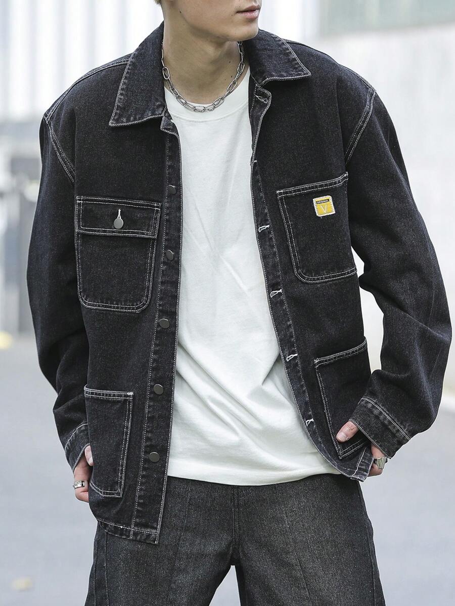Manfinity Hypemode Men Solid Color Plain Patch Pockets Front Button Closure Long Sleeve Korean Fashion Dark Denim Jacket, For Going Out, Fall - Black - View 1