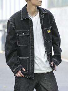 Manfinity Hypemode Men Solid Color Plain Patch Pockets Front Button Closure Long Sleeve Korean Fashion Dark Denim Jacket, For Going Out, Fall - Black - View 3
