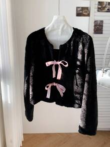 Muchica Women's Autumn/Winter Black Fluffy Contrast Pink Ribbon Bowknot Fitted Fluffy Jacket - Black - View 4