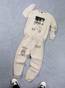 Manfinity Homme 2pcs/Set Men Graphic Print Crew Neck Long Sleeve Sweatshirt And Drawstring Waist Casual Sweatpants - Apricot - View 3