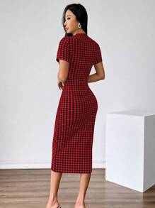 SHEIN Privé 1pc Women Elegant Houndstooth Print Fitted Dress - Red - View 2