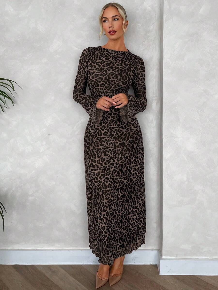 Firerie Damen elegantes, sexy Urlaubs-Lässig, minimalistisches Leopard Muster-Mesh-Kleid mit Glockenärmeln in A-Linie, für Sommer & Herbst