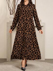 Al Najma 女式豹纹纽扣式朴素长袖连衣裙，宽松休闲风格 - 咖啡棕 - 查看 8