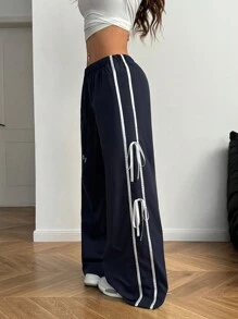 SHEIN EZwear Quần ống rộng cạp cao có đường may chi tiết mùa thu dành cho nữ - Màu xanh hải quân - Xem 3