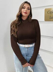 SHEIN Essnce Quần áo thu cỡ lớn, trang phục khoét rỗng cho nữ, trang phục lễ tạ ơn, thời trang thu mới, thường ngày, đi làm, thanh lịch, áo phông cổ cao, tay dài, áo phông trắng, áo dài tay, áo đi chơi - màu nâu - Xem 5