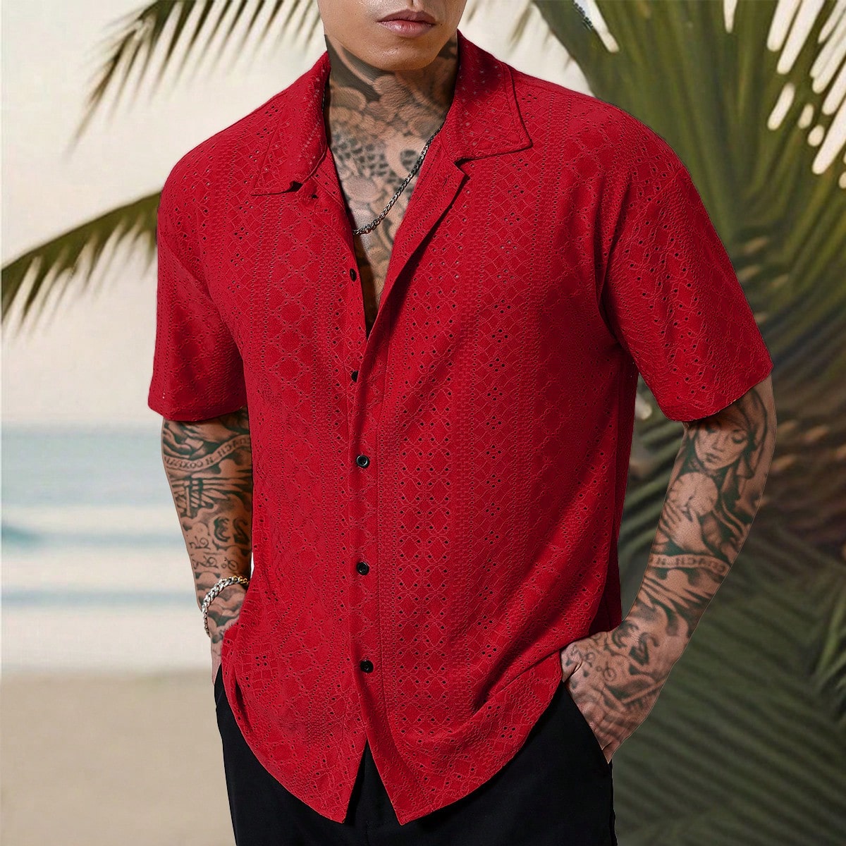 Estilo casual de vacaciones para hombres, camisa de manga corta suelta con textura de jacquard a rayas geométricas de punto a juego, con ojal de boto