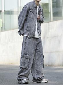 Manfinity EZcore Plus Size Men Casual Washed Jacket And Cargo Jeans 2 Pieces Set - Grey - View 3