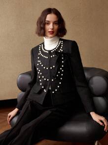 MOTF PREMIUM TWEED FAUX PEARL DETAIL JACKET - Black - View 5
