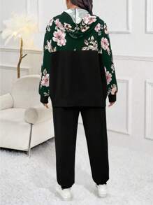 SHEIN LUNE 2 件套加大码花卉印花撞色连帽拉链长袖上衣和纯色裤子，秋冬 - 墨綠色 - 查看 2