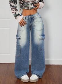 SHEIN PETITE 女士保暖内衬直筒牛仔裤，街头风格，牛仔蓝 - 深色水洗藍 - 查看 7