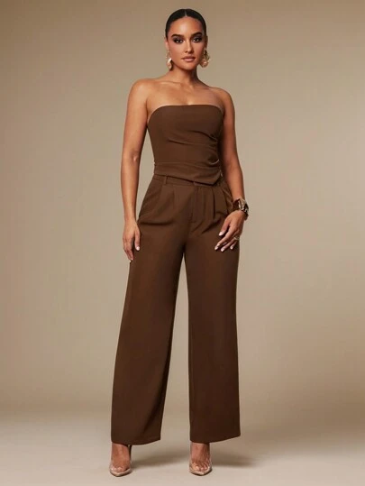 Silquee Conjunto de 2 piezas de camiseta asimétrica y pantalón recto casual de negocios para otoño/invierno, color marrón chocolate, adecuado para Día de Acción de Gracias/Navidad/Año Nuevo