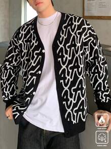 Manfinity Hypemode Chaqueta informal de punto de un solo pecho con gráfico de letra para hombre, otoño/invierno
