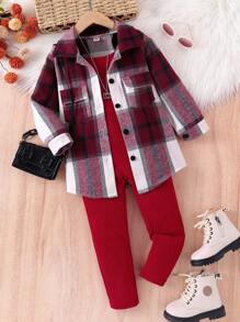 SHEIN 2pcs/Set Young Girl Vintage Plaid Shacket And Casual Minimalist Strap Jumpsuit Outfit, Spring & Autumn - Red - View 6