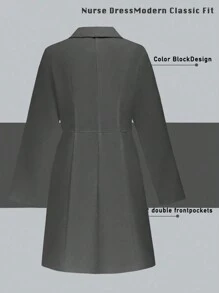 TaskEZ 对比色边饰双口袋简约长袖护士连衣裙 - 灰色 - 查看 2